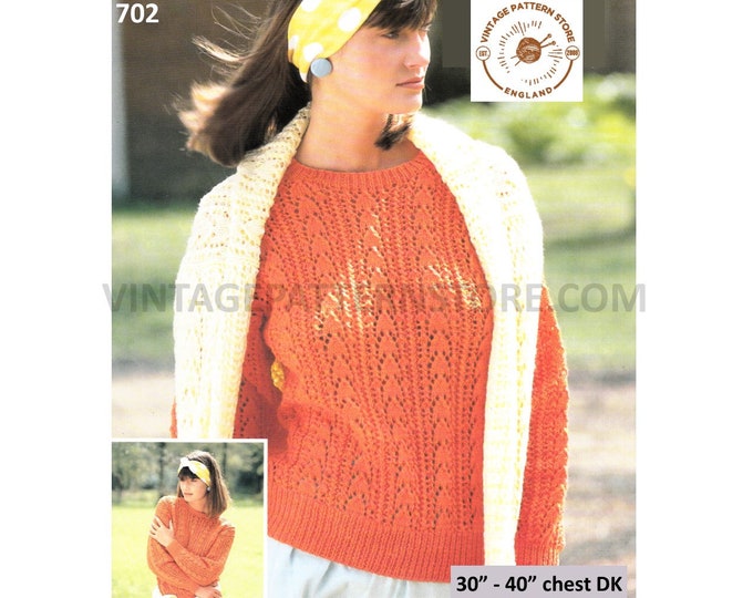Ladies Womens 90s round neck DK eyelet lace lacy raglan sweater jumper pullover pdf knitting pattern 30" to 40" chest Instant download 702