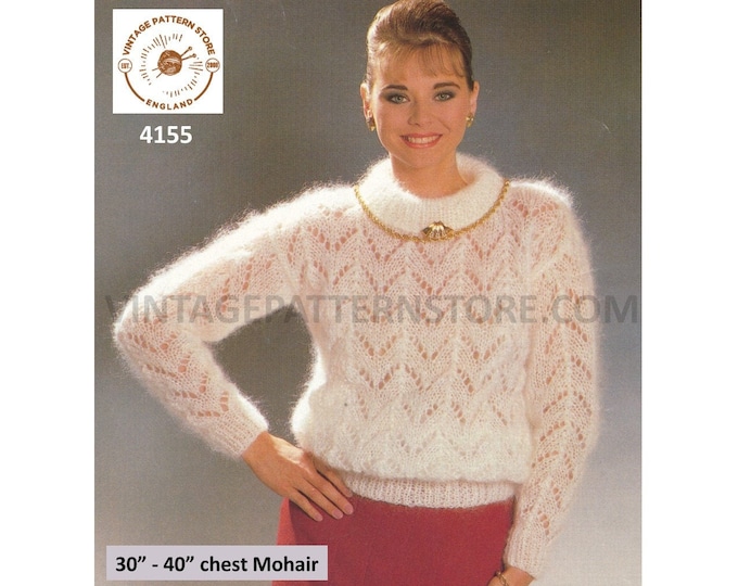 Ladies Womens 90s small cowl neck bold chevron lace lacy drop shoulder mohair raglan sweater pdf knitting pattern 30" to 40" Download 4155