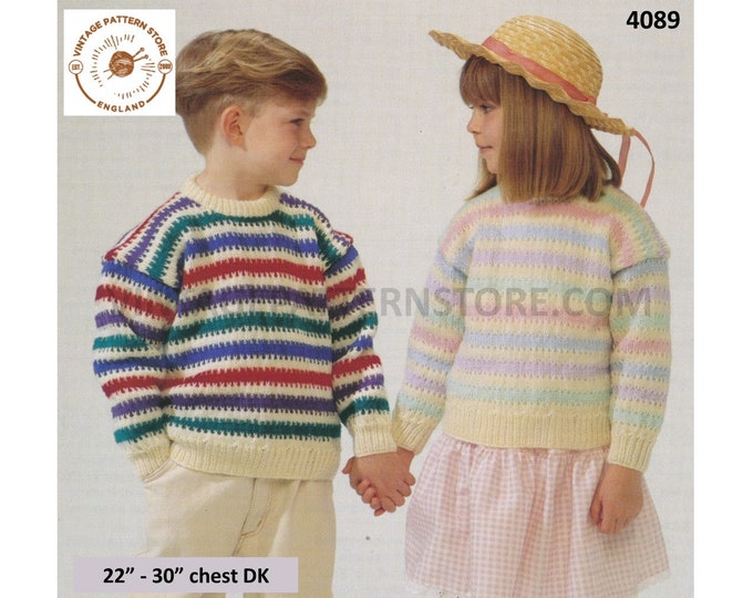 Boys Girls Toddlers 90s crew neck striped drop shoulder dolman sweater jumper pdf knitting pattern 22" to 30" Instant PDF download 4089