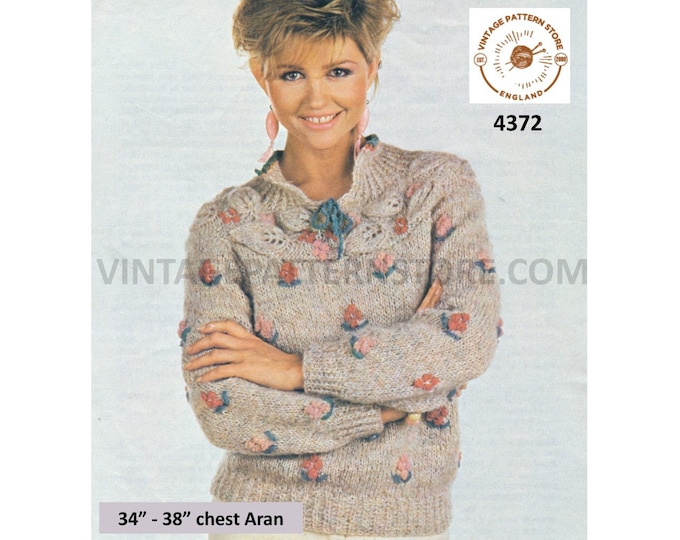 Ladies Womens 80s vintage split neck leaf cable cabled yoke optional embroidered aran sweater pdf knitting pattern 34" to 38" Download 4372
