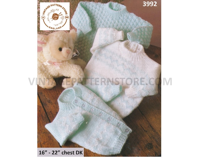Baby Babies 90s round neck striped or textured DK raglan sweater & round neck cardigan pdf knitting pattern 16" to 22" PDF download 3992
