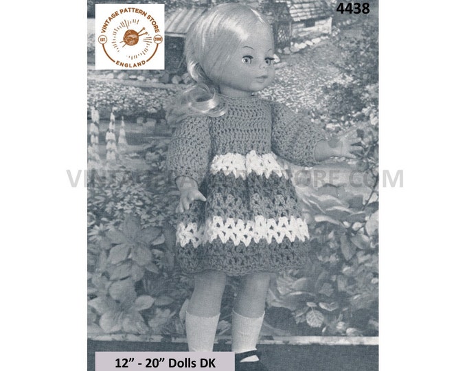 80s vintage 12" 14" 16" 18" 20" DK dolls clothes multi colour striped round neck dress pdf crochet pattern Instant Download 4438