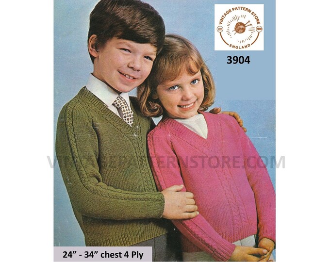 Girls Boys Childrens 70s vintage V neck cable cabled raglan 4 ply sweater jumper pullover pdf knitting pattern 24" to 34" PDF download 3904