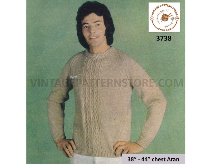 Mens Mans 70s vintage crew or polo neck cable panel cabled raglan aran sweater jumper pdf knitting pattern 38" to 44" Instant download 3738