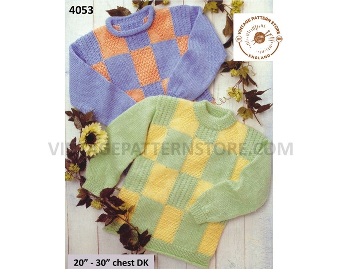 Baby Babies Boys Girls Toddlers roll or round neck check raglan DK sweater jumper pdf knitting pattern 20" to 30" Instant download 4053