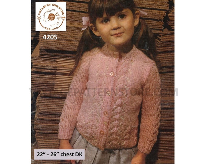 Girls 60s vintage DK crew neck bold lacy eyelet lace panel raglan cardigan pdf knitting pattern 22" to 26" chest Instant Download 4205