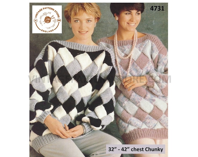 Womens 90s Chunky knit slash neck slouchy long line enterlac drop shoulder sweater jumper pdf knitting pattern 32" to 42" Download 4731