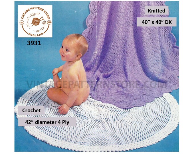 Baby Babies 70s vintage DK square lace edge shawl pdf knitting pattern & 4 ply circular round lacy shawl pdf crochet pattern Download 3931