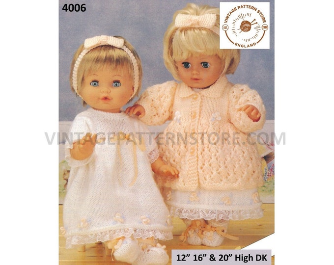 90s vintage 12" 16" 20" DK baby dolls clothes lacy coat dress hairband and booties bootees pdf knitting pattern Instant PDF download 4006