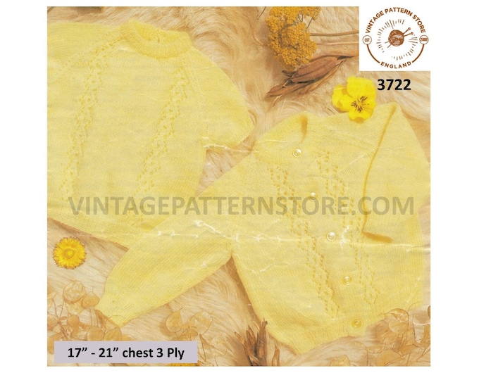 Baby Babies 80s vintage round neck diamond eyelet lace panel lacy raglan sweater & cardigan pdf knitting pattern 17" to 21" Download 3722