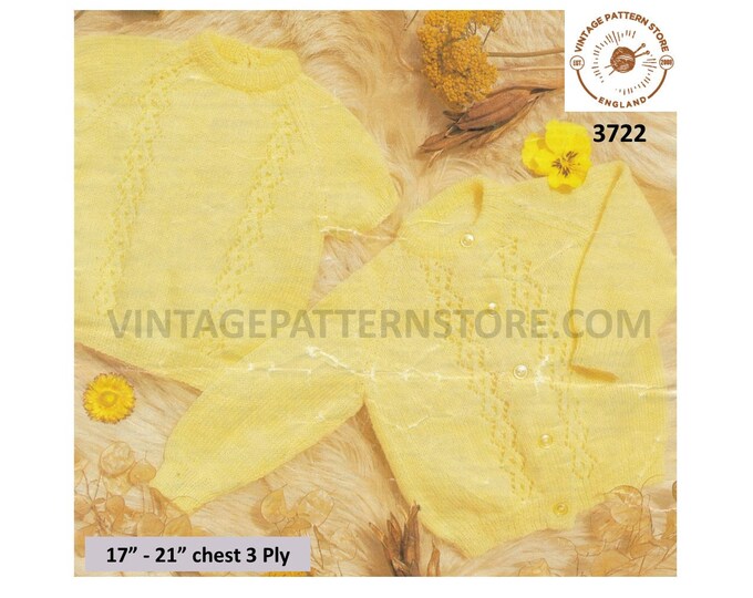 Baby Babies 80s vintage round neck diamond eyelet lace panel lacy raglan sweater & cardigan pdf knitting pattern 17" to 21" Download 3722