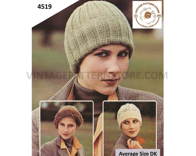 Ladies Womens 80s vintage DK loopy brim hat cabled and rib ribbed toque hat cap pdf knitting pattern Average Head Size Instant Download 4519