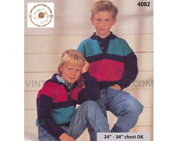 Boys Girls 90s colour blocked shirt neck geometric DK drop shoulder dolman sweater jumper pdf knitting pattern 24" to 34" download 4082