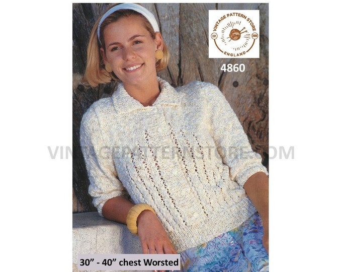 Ladies Womens 90s Worsted lacy striped round neck collared mock cardigan sweater jumper pdf knitting pattern 30" to 40" Download 4860