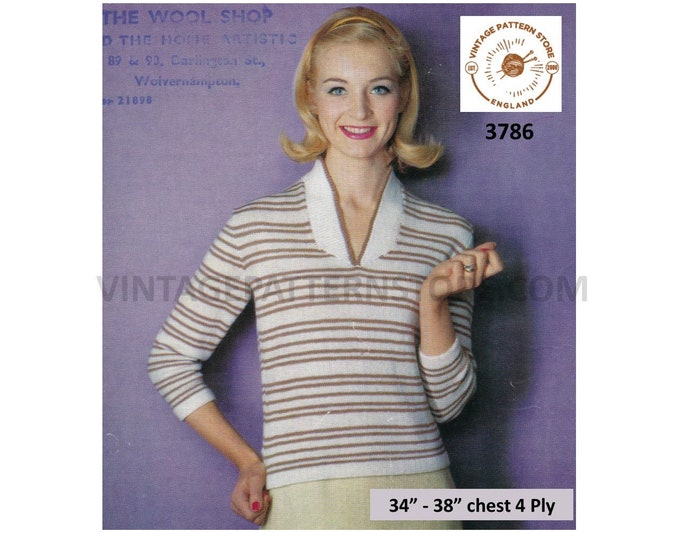 Ladies Womens 50s vintage 4 ply V neck striped raglan sweater jumper pullover pdf knitting pattern 34" to 38" Instant PDF download 3786