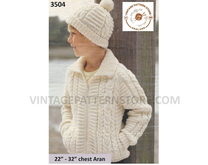 Boys Girls 90s round neck cable cabled raglan aran cardigan jacket and toque hat cap pdf knitting pattern 22" to 32" Instant Download 3504