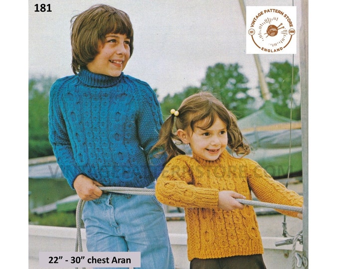 Boys Girls 80s vintage crew or polo neck cable cabled raglan aran sweater jumper pdf knitting pattern 22" to 30" chest PDF Download 181