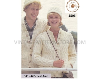 Family Aran Cable Jacket and Hat Knitting Pattern, Crew Neck 34-44" Chest (PDF Pattern)