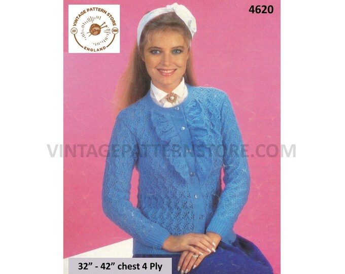 Ladies Womens 80s vintage 4 ply round neck lacy eyelet lace raglan cardigan with frogging pdf knitting pattern 32" to 42" Download 4620