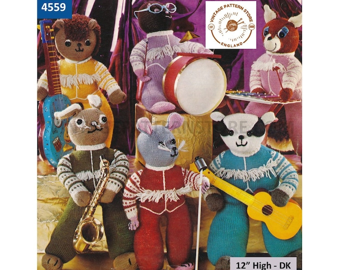 70s fun quick & easy to knit vintage cuddly toy animal fox badger rabbit hedgehog mouse and mole pdf knitting pattern 12" High Download 4559