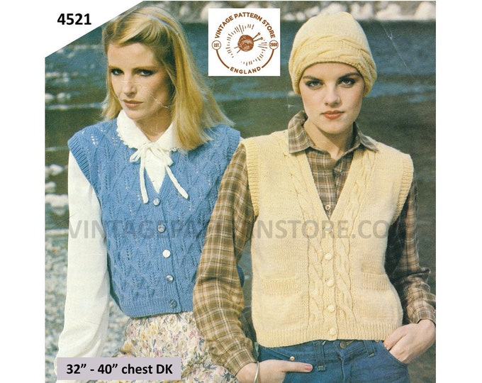 Ladies Womens 80s DK V neck lacy lace cabled cable edge waistcoat sleeveless cardigan & hat pdf knitting pattern 32" to 40" Download 4521