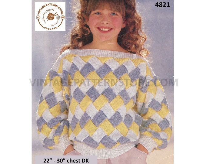 Girls 90s DK slash neck drop shoulder dolman enterlac basket weave sweater jumper pdf knitting pattern 22" to 30" Download 4821