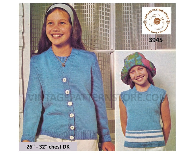 Girls 70s vintage easy to knit V neck raglan DK cardigan & round neck slipover sweater vest pdf knitting pattern 26" to 32" Download 3945