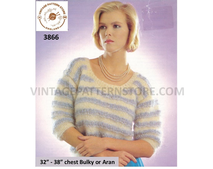 Ladies Womens 80s scoop neck drop shoulder bulky knit or aran striped raglan sweater jumper pdf knitting pattern 32" to 38" Download 3866