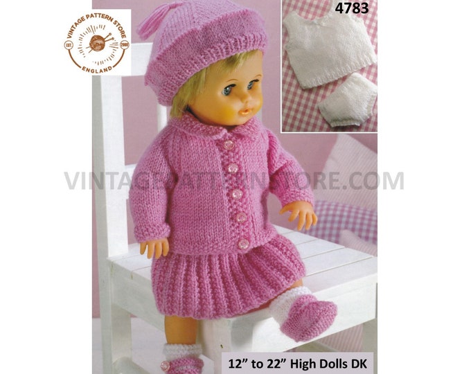 90s 12" 14" 15" 16" 18" 19" 20" 22" DK dolls clothes cardigan skirt beret shoes socks vest and pants pdf knitting pattern PDF Download 4783