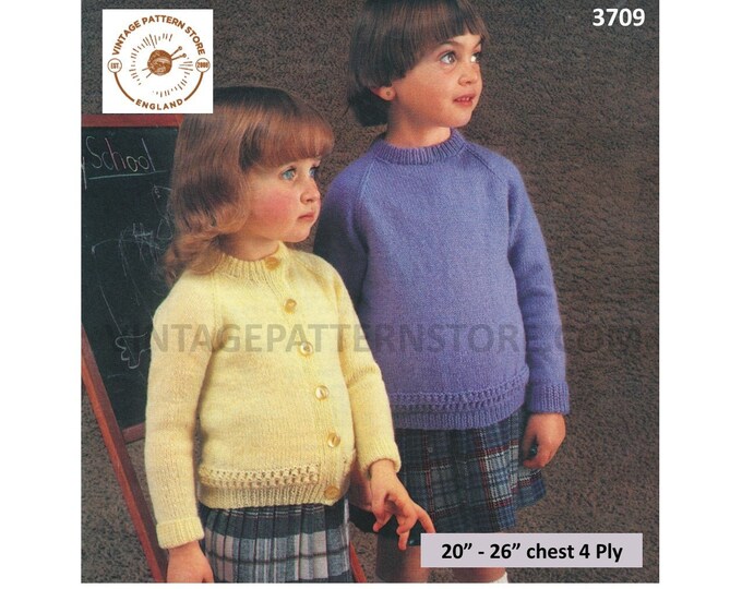 Boys Girls 80s easy to knit round neck 4 ply raglan back to school sweater cardigan pdf knitting pattern 20" to 26" Instant download 3709