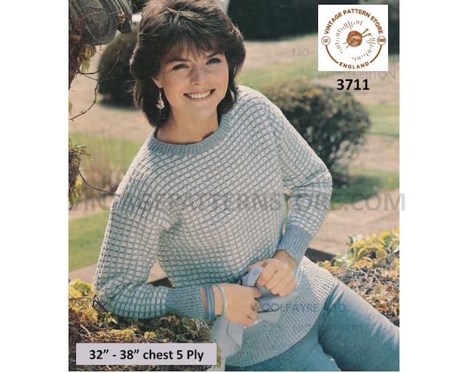 Ladies Womens 80s vintage round neck check patterned 5 ply raglan sweater jumper pdf knitting pattern 32" to 38" Instant PDF download 3711
