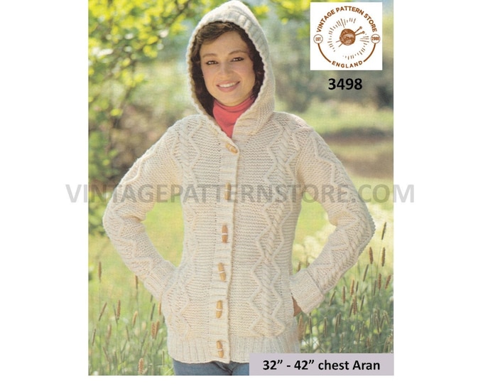 Ladies Womens 90s cable cabled aran hoodie jacket cardigan pdf knitting pattern 32" to 42" Instant PDF download 3498