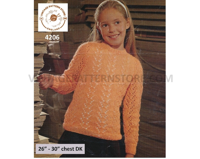 Girls 60s vintage DK round neck bold eyelet lace lacy raglan sweater jumper pdf knitting pattern 26" to 30" chest Download 4206