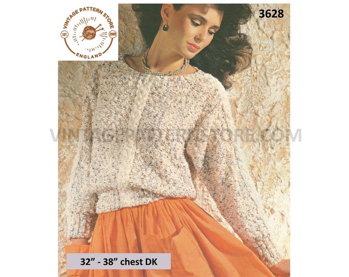 Ladies Womens 80s vintage round neck cabled cable striped DK dolman sweater jumper pdf knitting pattern 32" to 38" Instant PDF download 3628