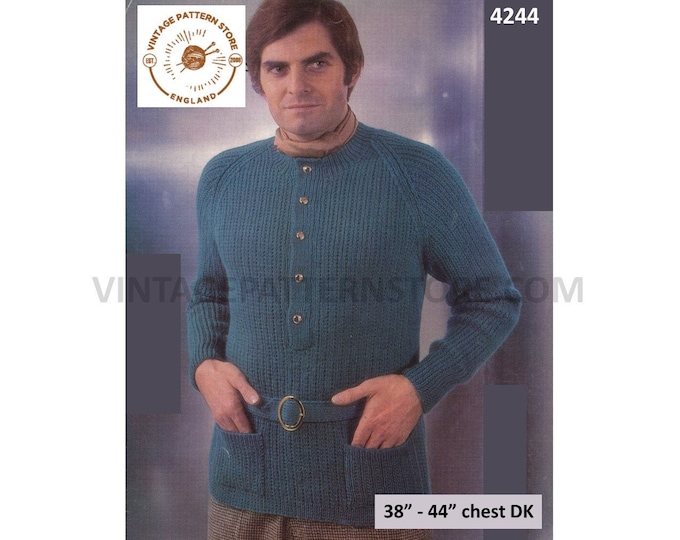 Mens Mans 70s vintage DK round shirt neck belted raglan sweater jumper with pockets pdf knitting pattern 38" to 44" chest PDF Download 4244