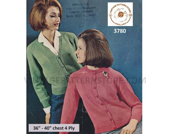 Ladies Womens 70s plain and simple easy to knit V or round neck 4 ply raglan cardigan pdf knitting pattern 36" to 40" PDF download 3780