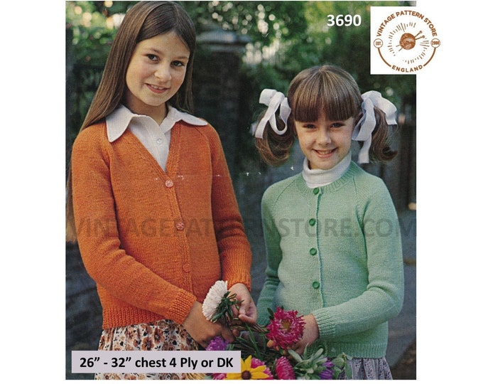Girls 70s vintage V or round neck 4 ply or DK plain and simple easy to knit raglan cardigan pdf knitting pattern 26" to 32" Download 3690