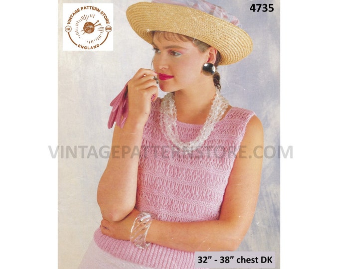 Womens 90s quick & easy to knit DK scoop neck sleeveless slipover sweater vest Summer top pdf knitting pattern 32" to 38" Download 4735