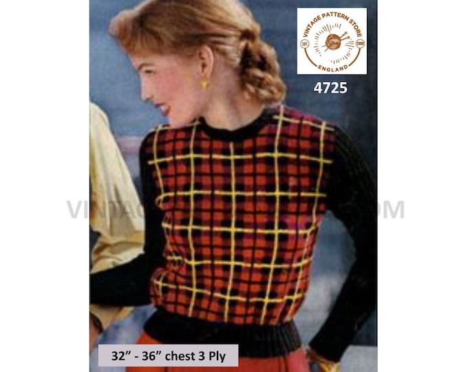 Ladies Womens 50s vintage 3 ply round neck wallace tartan Scottish raglan sweater jumper pdf knitting pattern 32" to 36" PDF Download 4725