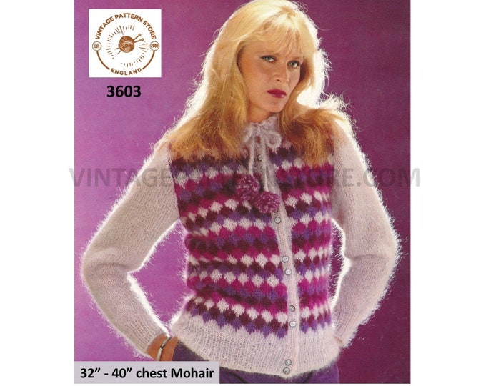 Ladies Womens 80s vintage tied round neck diamond intarsia raglan mohair cardigan pdf knitting pattern 32" to 40" bust Instant download 3603