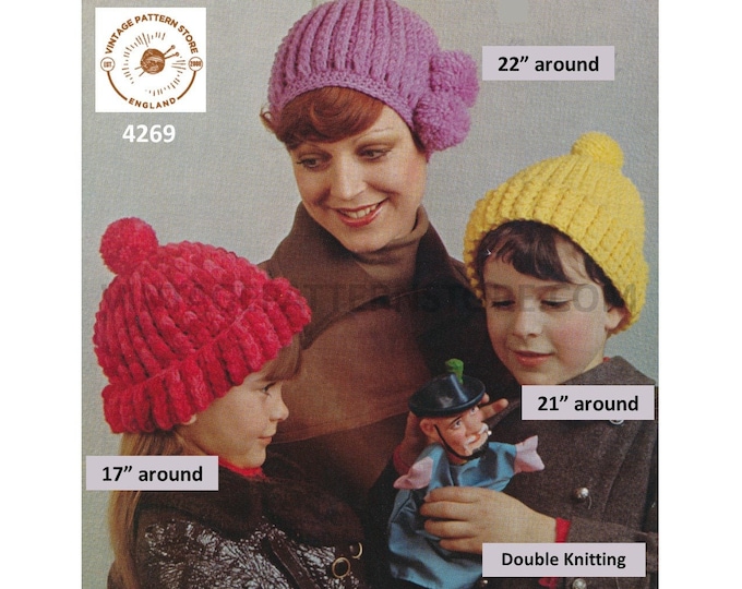 Ladies Womens Boys Girls 70s vintage DK hat cap toque pdf knitting pattern 3 sizes 3 designs Instant PDF Download 4269