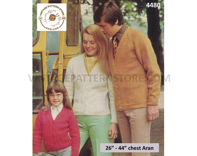Womens Mens Girls Boys 70s Family plain & simple easy to knit V neck raglan aran cardigan pdf knitting pattern 26" to 44" Download 4480
