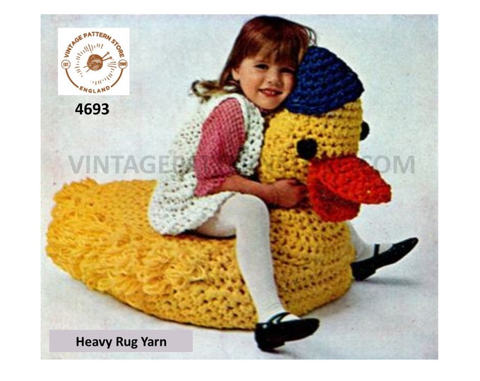 70s vintage retro easy to crochet cuddly toy giant duck bean bag pdf crochet pattern Size unstated PDF Download 4693