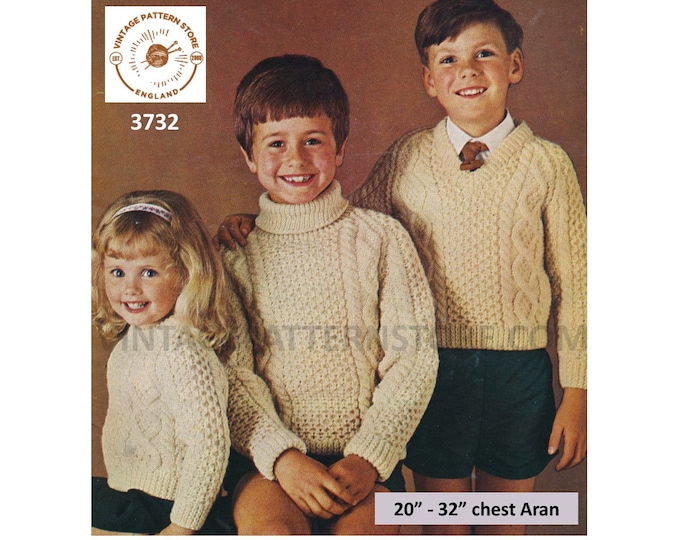 Toddlers Childrens Boys Girls polo crew or V neck cable & texture raglan aran sweater jumper pdf knitting pattern 20" to 32" Download 3732