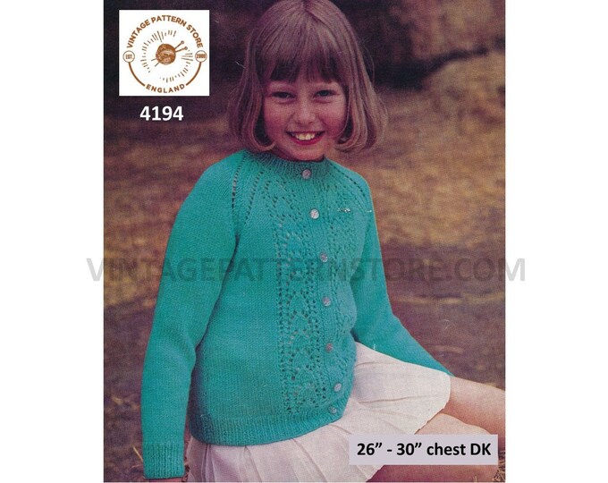Girls 60s vintage round neck eyelet lace panel lacy raglan DK cardigan pdf knitting pattern 26" to 30" chest Instant Download 4194