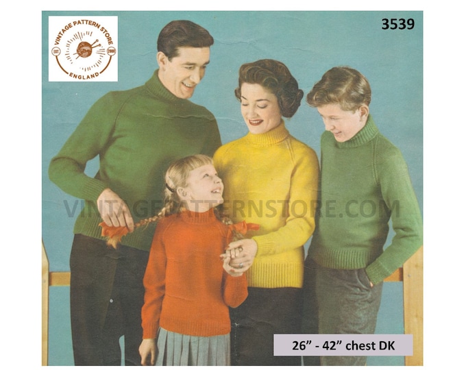 Womens Mens Boys Girls 50s plain & simple easy to knit DK polo neck raglan sweater jumper pdf knitting pattern 26" to 42" Download 3539
