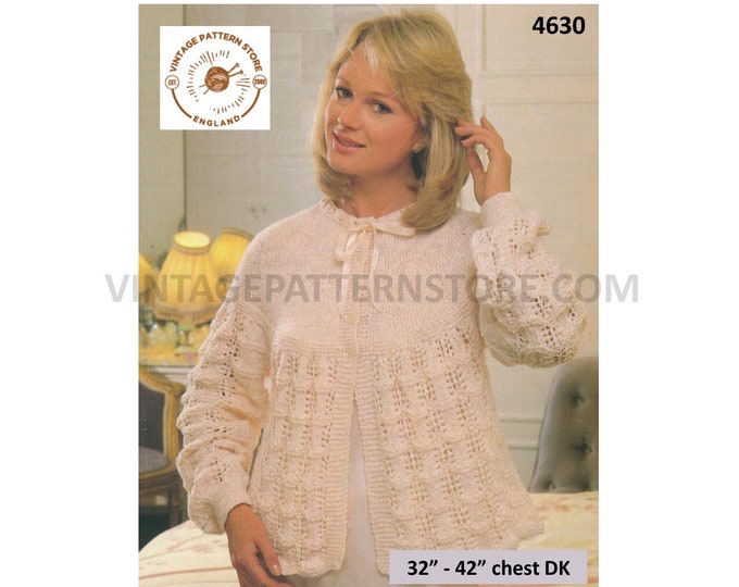 Womens 80s vintage DK round neck contrast yoke lacy eyelet lace raglan bed jacket bedjacket pdf knitting pattern 32" to 42" Download 4630
