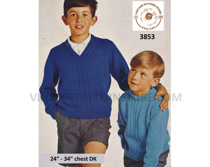 Boys 70s vintage V or crew neck cabled cable panel DK raglan sweater jumper pullover pdf knitting pattern 24" to 34" Instant download 3853