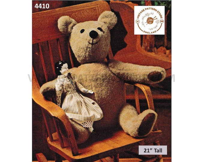 70s vintage classic cuddly toy teddy bear with moveable arms and legs pdf sewing pattern 21" long or Makes to desired size PDF Download 4410