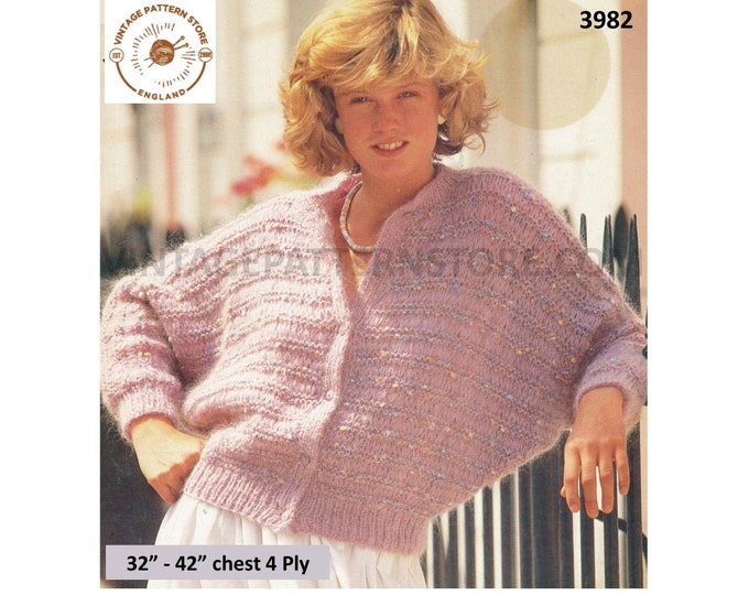 Ladies Womens 90s vintage round neck 4 ply cabled cable ridge batwing cardigan pdf knitting pattern 32" to 42" chest Instant download 3982